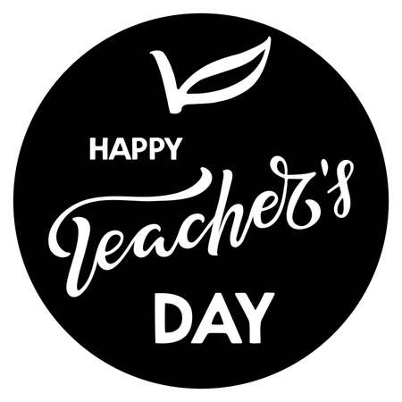 Happy Teachers day lettering with apple element. Hand written words isolated. Hand lettering quote. For greeting card, gift, craft, school design, t shirt sublimation, mug, Celebration text.のイラスト素材