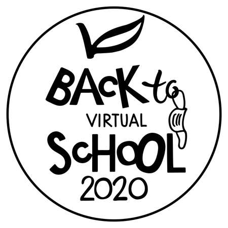 Back to virtual school 2020 lettering with apple element design. Hand written words isolated on white background. Black hand lettering quote. Quarantine Teacher Shirt Design.のイラスト素材