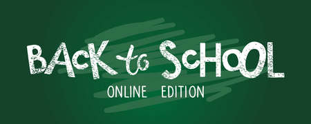 Back to school online edition lettering. Letters on school chalkboard. Hand lettering quote. Quarantine Design. Online education. Return to class concept. Distance learning during covid19 pandemicのイラスト素材
