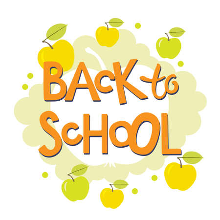 Back to school lettering with apple element design. Hand written words isolated and flat apples. Hand lettering quote. Vector illustrationのイラスト素材