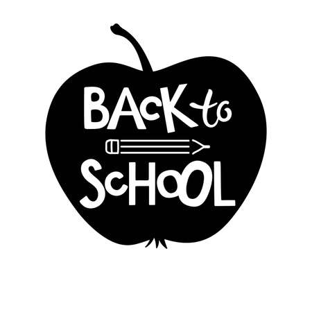 Back to school lettering with apple and pencil element design. Hand written words isolated on apple silhouette background. Hand lettering school quote. Return to class concept. Vector illustrationのイラスト素材