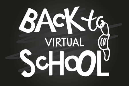 Back to virtual school lettering with face mask element. Hand written words isolated on chalk blackboard background. Hand lettering quote. School online edition. Quarantine Teacher Shirt Designのイラスト素材