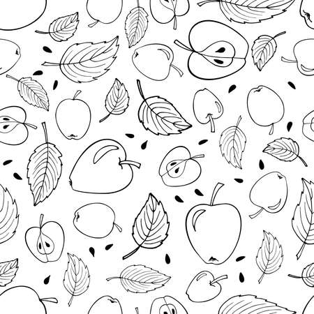 Black linear apple seamless pattern isolated on white background. Hand drawn vector illustration. Fruits Repeating Background. Autumn or summer backdrop. Back to school party decor.のイラスト素材