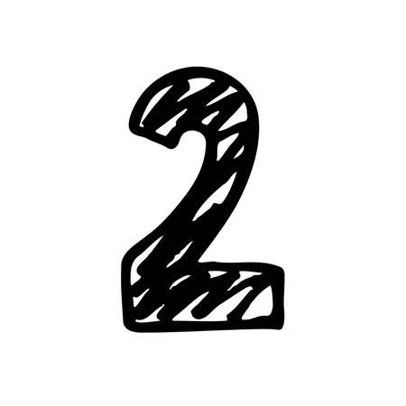 Number 2. Sign number, Black and white graphic number two logo templates. Hand drown vector doodle isolated on white background. Brush Stroke textured lettering. Vector illustrationのイラスト素材