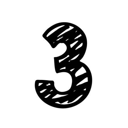 Number 3. Sign number, Black and white graphic number three logo templates. Hand drown vector doodle isolated on white background. Brush Stroke textured lettering. Vector illustrationのイラスト素材