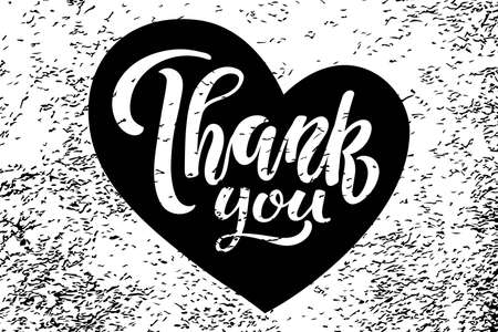 Black Heart Sticker with Thank You Text on textured background. Handwritten lettering. Celebration quote. Flat Vector Design. For card, print, invitation, Business Labels, Package Labels.のイラスト素材