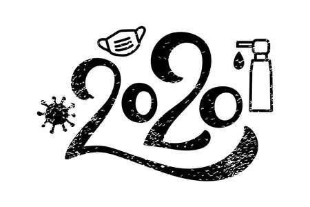 Distressed 2020 hand drawn lettering. Year of the pandemic and covid-19 virus. Number with face mask, virus, sanitizer icon. Coronavirus during quarantine. Silhouette sketch. Vector illustrationのイラスト素材