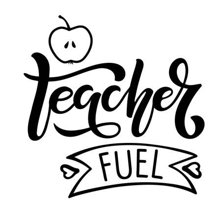 Teacher life lettering with apple flat element. Vector Hand drawn calligraphy lettering inscription. For greeting card, teacher gift, craft, school design, sublimation for t shirt, mugのイラスト素材