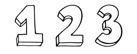 Set of Numbers 1 2 3. Sign number, Concept top winner success. Hand drown vector doodle one two three isolated on white background. Black contour lettering. 1-2-3 badges setのイラスト素材