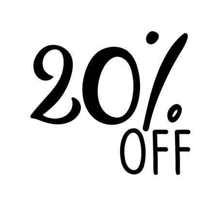 20 percent off lettering. Vector calligraphy. Handwritten text. Sketch Hand drawn Sale sign. For card, poster, sale billboard, sign, banner, badge, icon, tag. Sketch discount collection - 20 percent.のイラスト素材