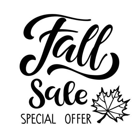 Fall Sale Special Offer. Autumn Sale lettering with falling leaf. Vector calligraphy. For fall season shopping. Typography sing. For card and poster, sale billboard and sign, banner and badge.のイラスト素材