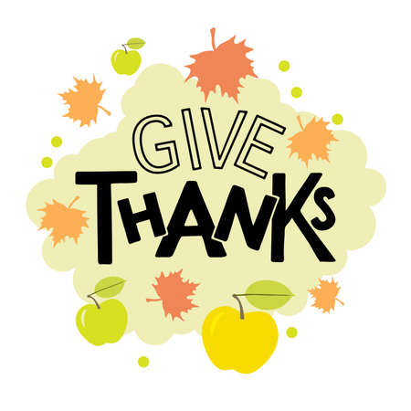 Give Thanks Hand drawn lettering. Autumn celebration vector calligraphy text with flat design elements for Thanksgiving Day. For cards, prints, invitations, t-shirt designのイラスト素材