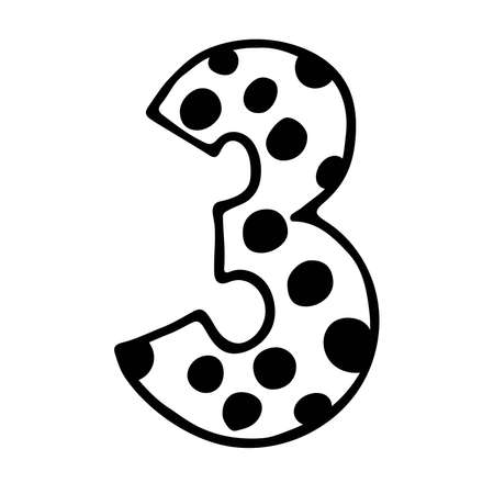 Cute number 3. Hand drown vector three with polka dot. Design for baby birthday, baby party decor,  sticker, greeting card, shirt print. Happy third birthday. 3rd anniversary celebration Template,のイラスト素材