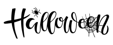 Halloween lettering. Text with sketch design element. Frightening symbol. Spider and Web. Black-and-white illustration. Use for printing, posters, card, T-shirts, textile drawing, print pattern.のイラスト素材