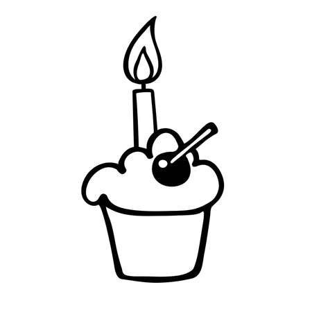 Cupcake with burning candle. Hand drown vector. Design for birthday, party invitation, logo, sticker, greeting card, shirt print. Happy birthday. Anniversary celebration Template. Clip linear icon.のイラスト素材