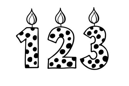 Cute number1 2 3. Hand drown vector figures with polka dot. Design for baby birthday, baby party decor, logo, sticker, greeting card, shirt print. Happy birthday. Anniversary celebration Template.のイラスト素材
