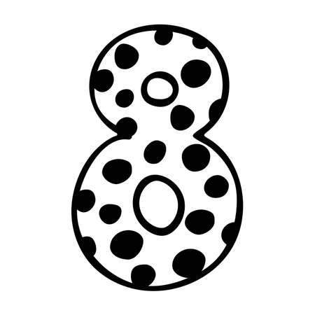 Cute number 8. Hand drown vector eight with polka dot. Design for 8 kid, kid party decor, logo, sticker, greeting card, shirt print. Happy birthday anniversary celebration Template.のイラスト素材
