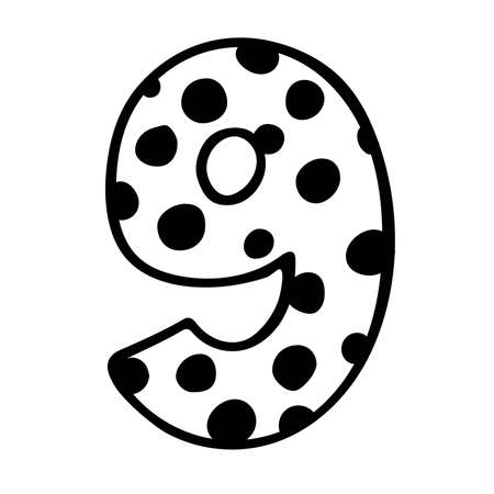 Cute number 9. Hand drown vector nine with polka dot. Design for 9 kid, kid party decor, sticker, greeting card, shirt print. Happy birthday anniversary celebration Template.のイラスト素材