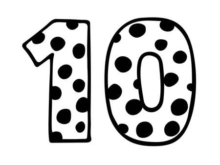 Cute number 10. Hand drown vector ten with polka dot. Design for 10 kid, child party decor,  sticker, greeting card, shirt print. Happy birthday anniversary celebration Template.のイラスト素材