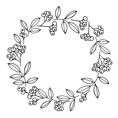 Berries round frame with hand drawn leaves background. Autumn composition. Border of autumn. For wedding invitation and birthday card. For text, photo, save dateのイラスト素材