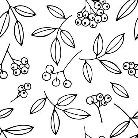 Vector seamless pattern with bunches of berries and leaves. Hand drawn linear sketch. Abstract Floral Pattern. Branch of mountain ash berries isolated on white. Autumn, summer season illustrationのイラスト素材