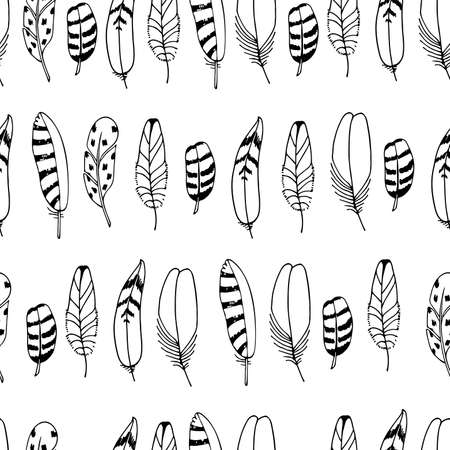 Vector Seamless Pattern with Feathers. Hand drawn illustration. Black sketch isolated on white backgroundのイラスト素材