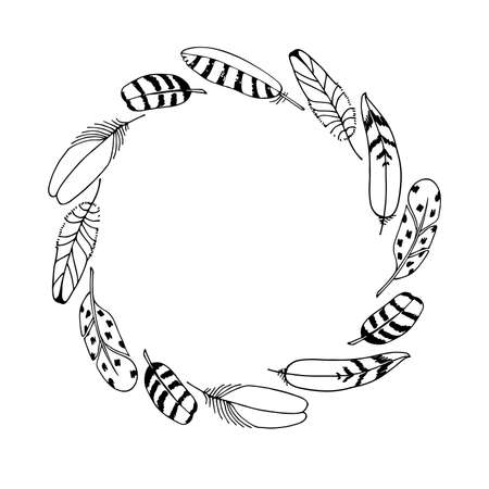 Vector Wreath with Feathers. Hand drawn round frame. Black illustration isolated on white background. Place for text. For wedding, invitation, greeting card, poster, business promotion.のイラスト素材