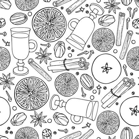 Mulled wine seamless pattern. Hot Christmas drink ingredients. Fruit mulled wine recipe. Doodle Outline vector illustration. Hot winter drink recipe.のイラスト素材