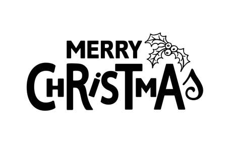 Merry Christmas lettering with holly berry doodle sketch Hand drawn design. Winter time Nature illustration. Holiday greetings quote isolated.のイラスト素材