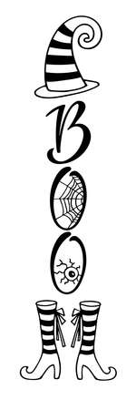 Halloween sign. Boo lettering. Vertical Front Porch Sign. Witch quote with hat and boots. Black-and-white illustration. Use for printing, posters, card, T-shirts, drawing, print pattern.のイラスト素材