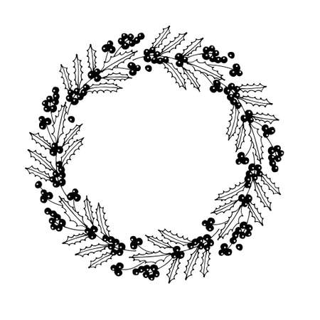 Holly berry Wreath. Cold season frame Nature border. Circle shape. Christmas wreath with branches and berries with empty space for text, photo, save date, monogram. Black and white illustrationのイラスト素材