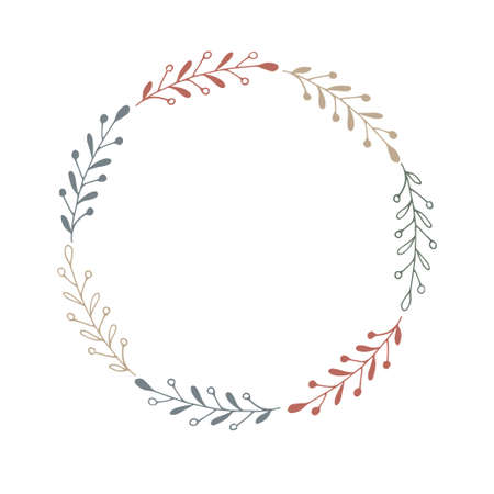 Nature wreath. Frosty greens frame. Circle shape. For wedding invitation and birthday card. Vector illustration. Floral design with empty space for your text, photo, save date, monogram.のイラスト素材