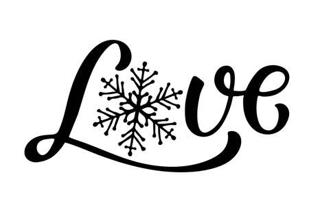 Love text with snowflake design. Hand written lettering on white. Winter, Christmas, New year element for poster, banner, card, badges, t-shirt, prints. Winter lover signのイラスト素材