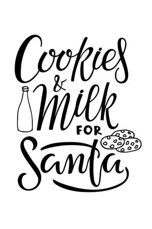 Cookies and Milk for Santa lettering isolated on white. Text with hand drawn sketch Cookie element. Christmas typography poster for wall art, t-shirt design. Hand written brush calligraphy quoteのイラスト素材