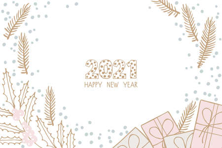 Merry Christmas Background. Hand Drawn gift boxes, tree branches, 2021 happy new year lettering. Design for banner, flyer, card, poster. Winter holiday design. Perfect for holiday greetings.のイラスト素材