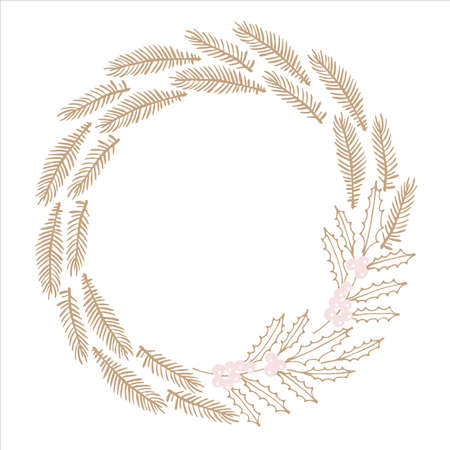 Frame with Gold Christmas tree branches and Holly Berry. Evergreen branches wreath with place for date, inscription, text. Illustration For your greeting cards, banners, invitation, announcements.のイラスト素材
