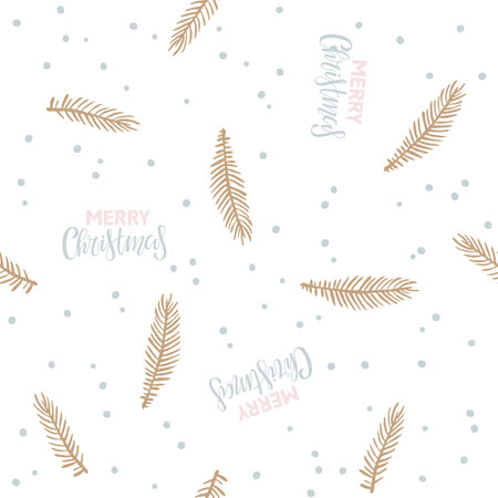 Merry Christmas text, evergreen branches, snow seamless pattern. Holiday pattern. Hand drawn design for wallpaper, wrapping, print, manufacturing. Winter repeated backgroundのイラスト素材