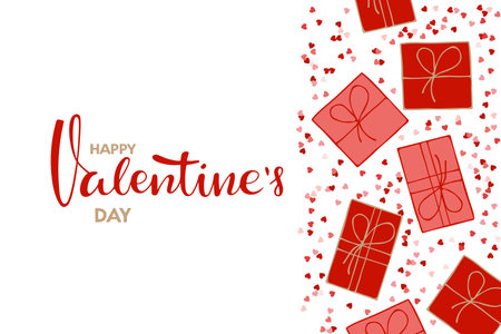 Valentines Day Background. Hand Drawn Gift boxes, hearts, Happy Valentines Days lettering. For banner, flyer, card, poster. February holiday design. Perfect for holiday greetings.のイラスト素材