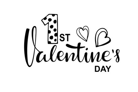 First Valentines Day lettering. Celebration quote for baby Valentine. Sublimation print for junior clothing, family holiday decor. Blue sketch element for Invitation, card poster, giftのイラスト素材