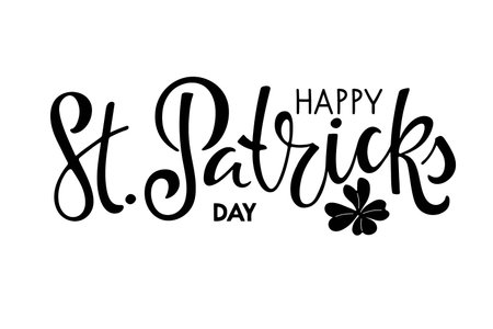 Happy St. Patricks Day text with leaf clover. Saint Patricks Day greeting card template. Vector phrase isolated on white background to Saint Patricks design. Drawn typography badge.のイラスト素材