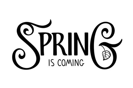 Spring is coming hand written lettering with leaf on white background. Vector Spring Design element for poster, banner, card, badge, t-shirt, print, icon, logo, badge. Season illustrationのイラスト素材