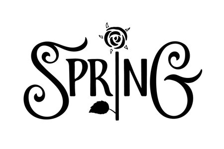 Spring hand written lettering with flower background. Vector Black and white Spring illustration with flower for greeting cards badge, t-shirt, print, icon, logo, badge. Season illustration.のイラスト素材