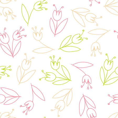 Seamless Pattern with fantasy pastel flowers. Hand drawn color vector illustration. Sketch isolated on white background. For print , textile, fabric, wrapping paper, wallpaper, scrapbookingのイラスト素材