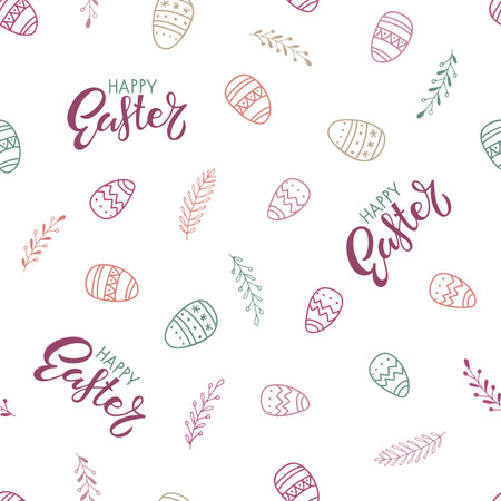 Easter Seamless Patterns. Happy Easter lettering, easter eggs, spring branches. Hand drawn pastel vector illustration. For Easter print , textile, fabric, wrapping paper, wallpaper, scrapbookingのイラスト素材
