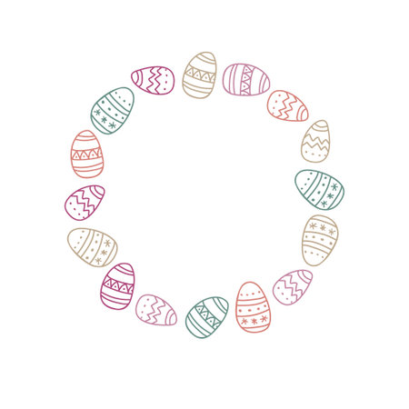 Round Easter Eggs Frame. Pastel color Hand drawn wreath with place for date, photo, text. Sublimation print for clothing, family holiday decor, greeting cards, banners, invitation, announcements.のイラスト素材