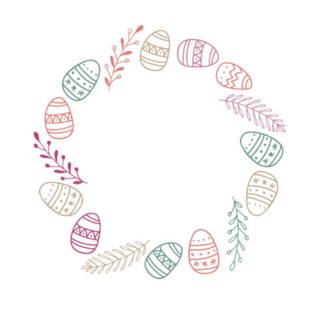 Easter Frame with easter eggs and branches. Pastel color Hand drawn wreath with place for date, photo, text. Sublimation print for clothing, family holiday decor, greeting card, banner, invitationのイラスト素材