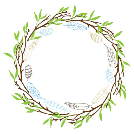 Branches, feathers and Frame. Colorful Hand drawn Isolated wreath with place for date, photo, text. Sublimation print for greeting card, banner, invitation, holiday decor, label.のイラスト素材