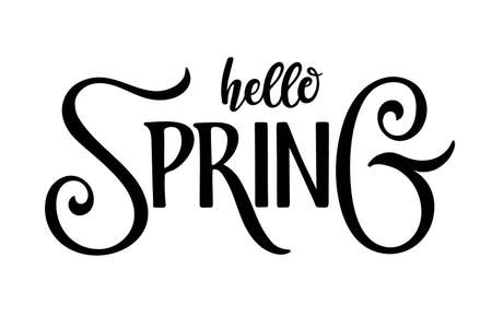 Hello Spring calligraphy lettering. Hand drawn Brush Pen design for banner, brochure, card, poster. Spring time illustration. For greeting card, invitation of seasonal spring holiday decorのイラスト素材