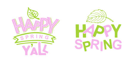 Pink Green Spring poster. Hand drawn lettering typography. Celebration text Happy Spring You all for postcard, icon or badge. Vector calligraphy. Scrapbooking for easter party.のイラスト素材