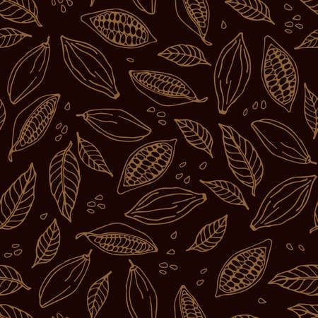Cocoa beans and cocoa leaves seamless pattern. Hand drawn vector Cacao plant sketch on dark brown background. Doodle Outline illustration. Plant parts.のイラスト素材